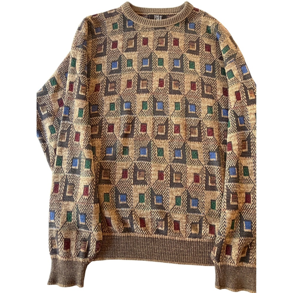 TSR Geometric‎ Knit Sweater XL Brown Multicolor Vintage 90s Made in USA Crewneck